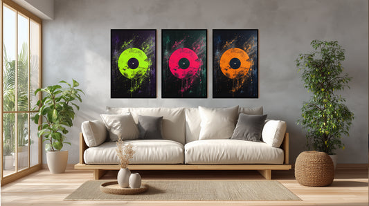 Framed triptych vinyl record posters with metal frame in studio setting