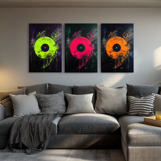 Vibrant triptych vinyl record wall art set in modern living room with green, pink, and orange prints