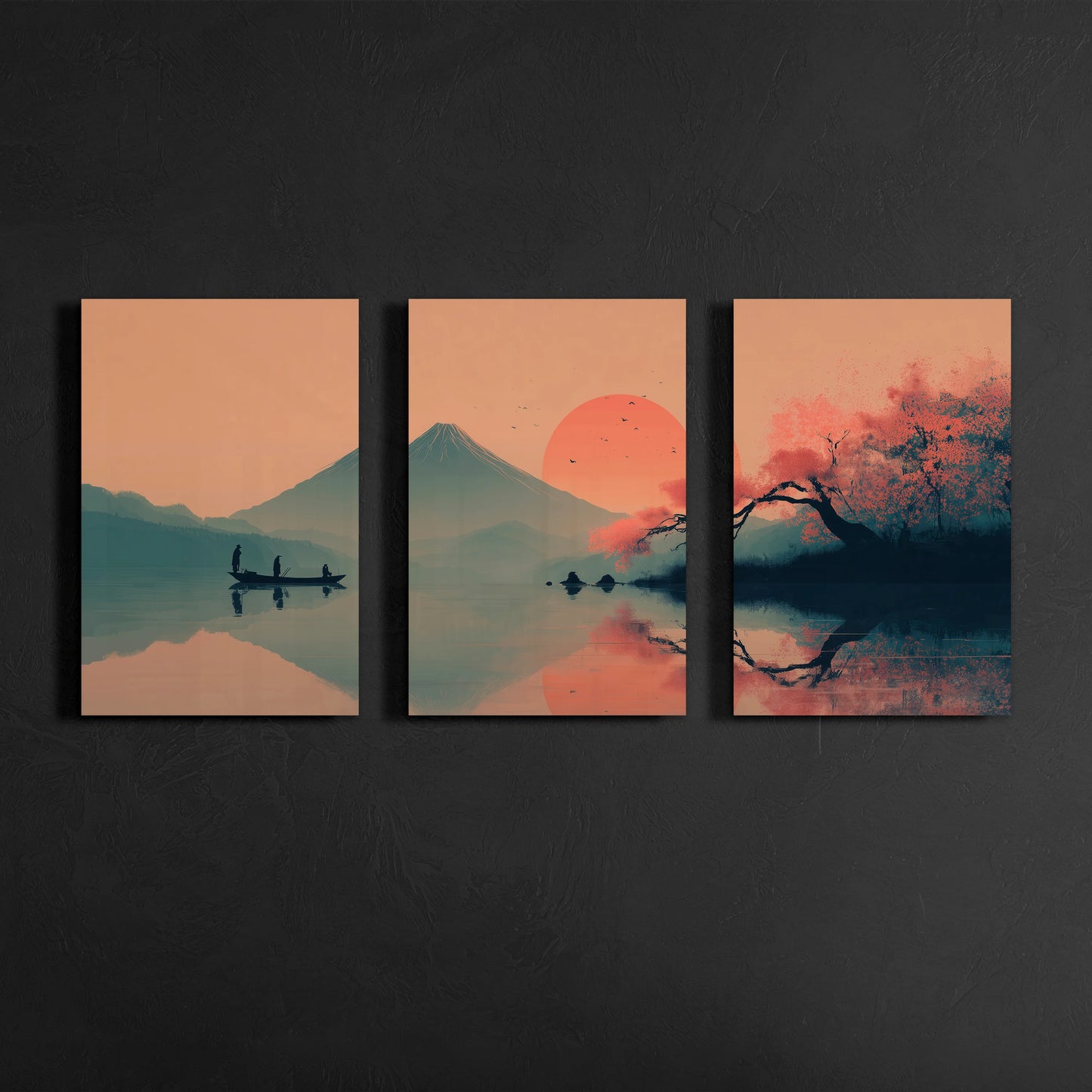 modern japanese zen mountain sunrise triptych wall art with red sun and cherry blossom tree